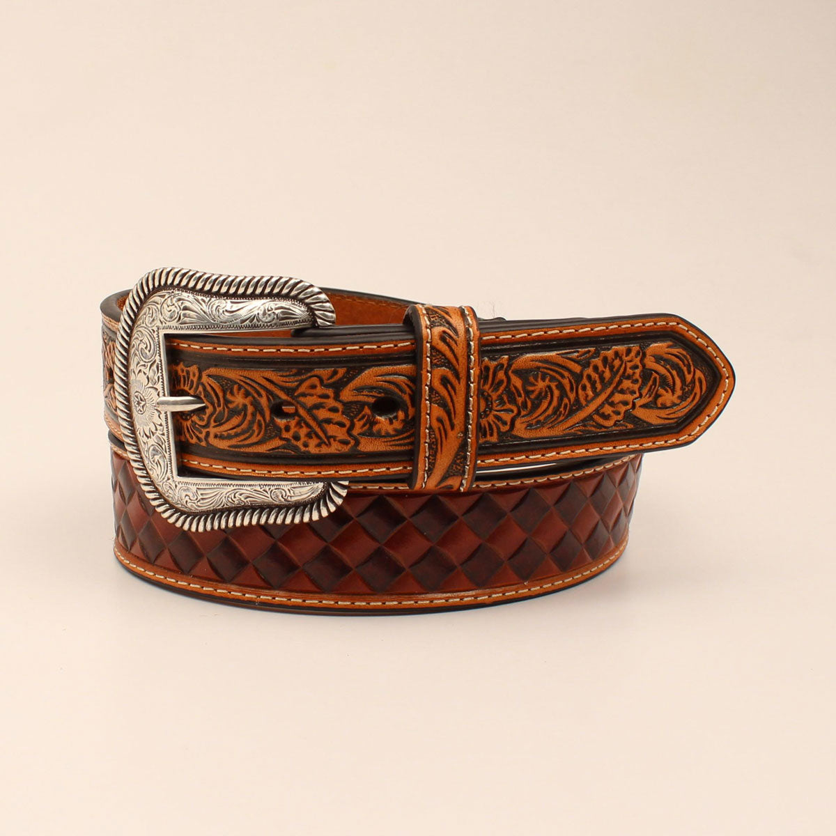Men's Aztec Beaded Basket Weave Leather Belt