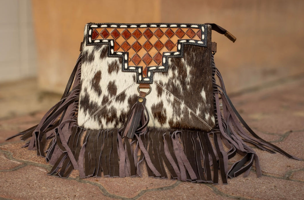BRN Tooled Checkered & Hide Fringe Crossbody LG