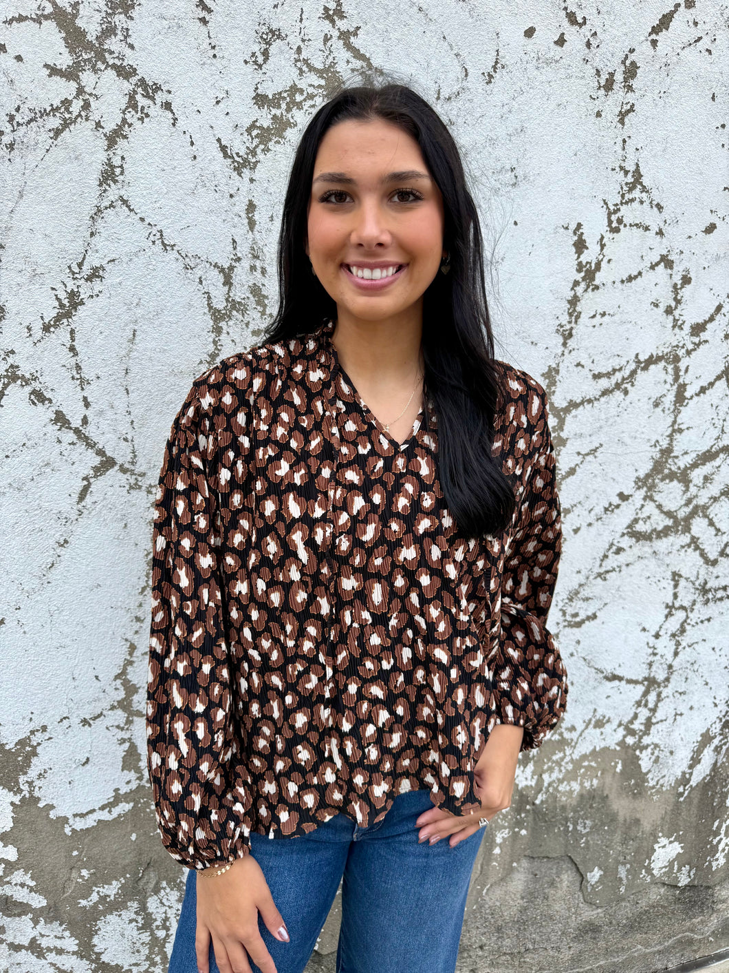 Leopard Notched Neck Blouse