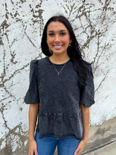 Load image into Gallery viewer, Black Denim Ruffle Button Back Top
