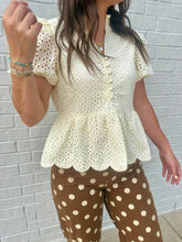 Load image into Gallery viewer, Cream Half Button -Up Ruffle Sleeve Top REG &amp; PLUS
