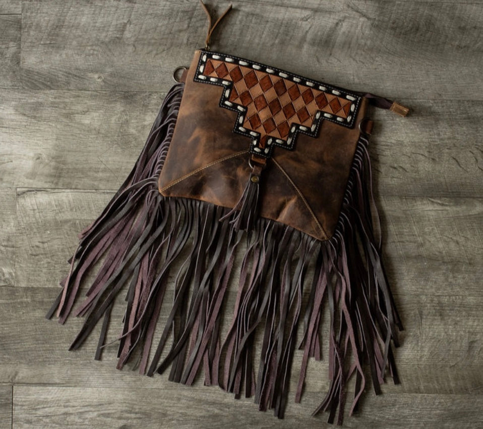 Tooled Checkered & Leather Fringe Crossbody LG