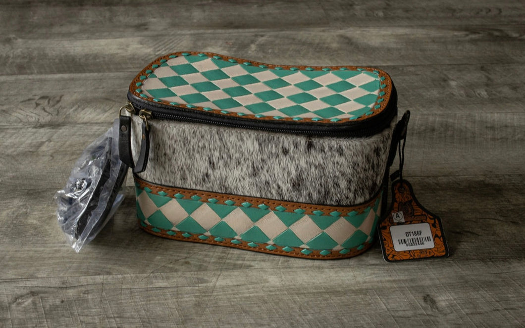 Turquoise Checkered & Hide Makeup Bag w/ Strap