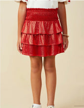 Load image into Gallery viewer, Girls Red Smocked Ruffle Tiered Metallic Mini Skirt
