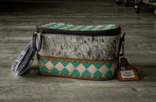 Load image into Gallery viewer, Turquoise Checkered &amp; Hide Makeup Bag w/ Strap
