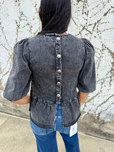 Load image into Gallery viewer, Black Denim Ruffle Button Back Top
