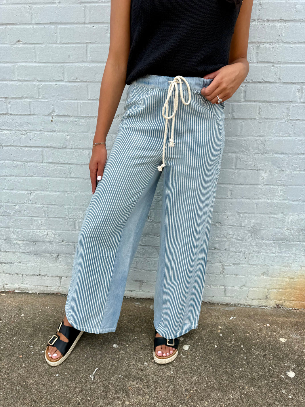 Striped Drawstring Denim Pants