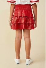 Load image into Gallery viewer, Girls Red Smocked Ruffle Tiered Metallic Mini Skirt
