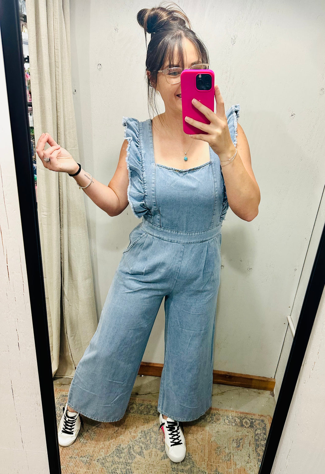 Denim Ruffle Sleeve Cropped Jumpsuit