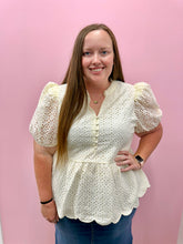 Load image into Gallery viewer, Cream Half Button -Up Ruffle Sleeve Top REG &amp; PLUS
