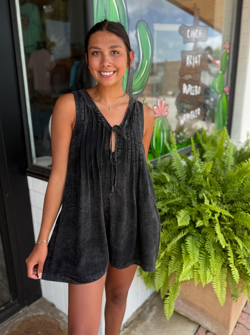 Pleaded Tie Front Tank Romper | Black