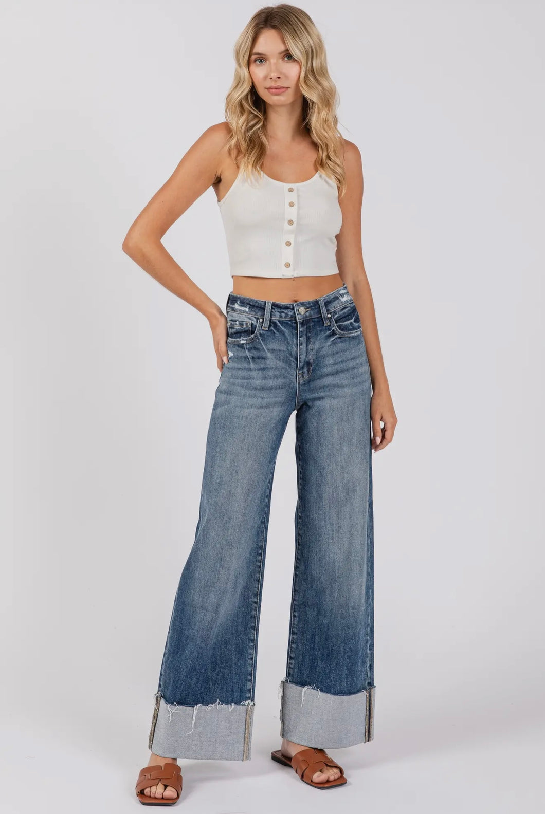 Petra | High Rise Stretch Wide Leg Cuff Jean