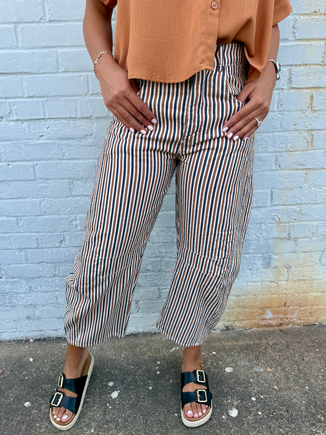Burnt Sienna Striped Barrel Leg Jeans