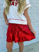 Load image into Gallery viewer, Girls Red Smocked Ruffle Tiered Metallic Mini Skirt
