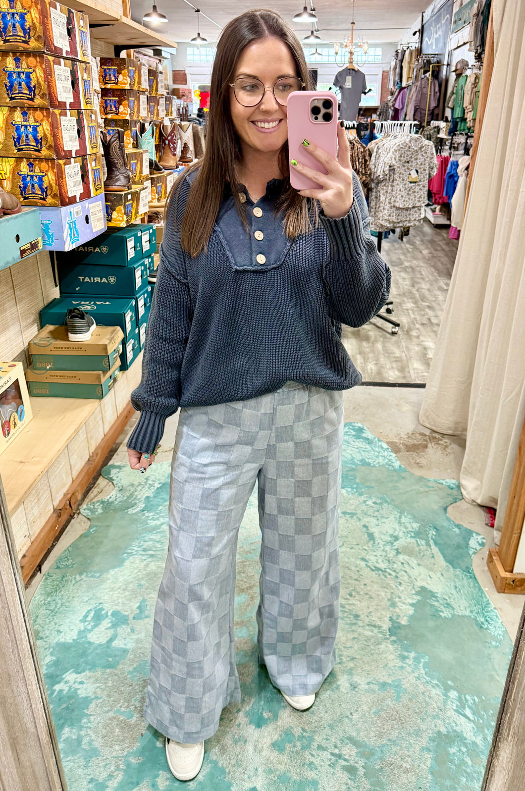 Checkerboard Denim Palazzo Pants