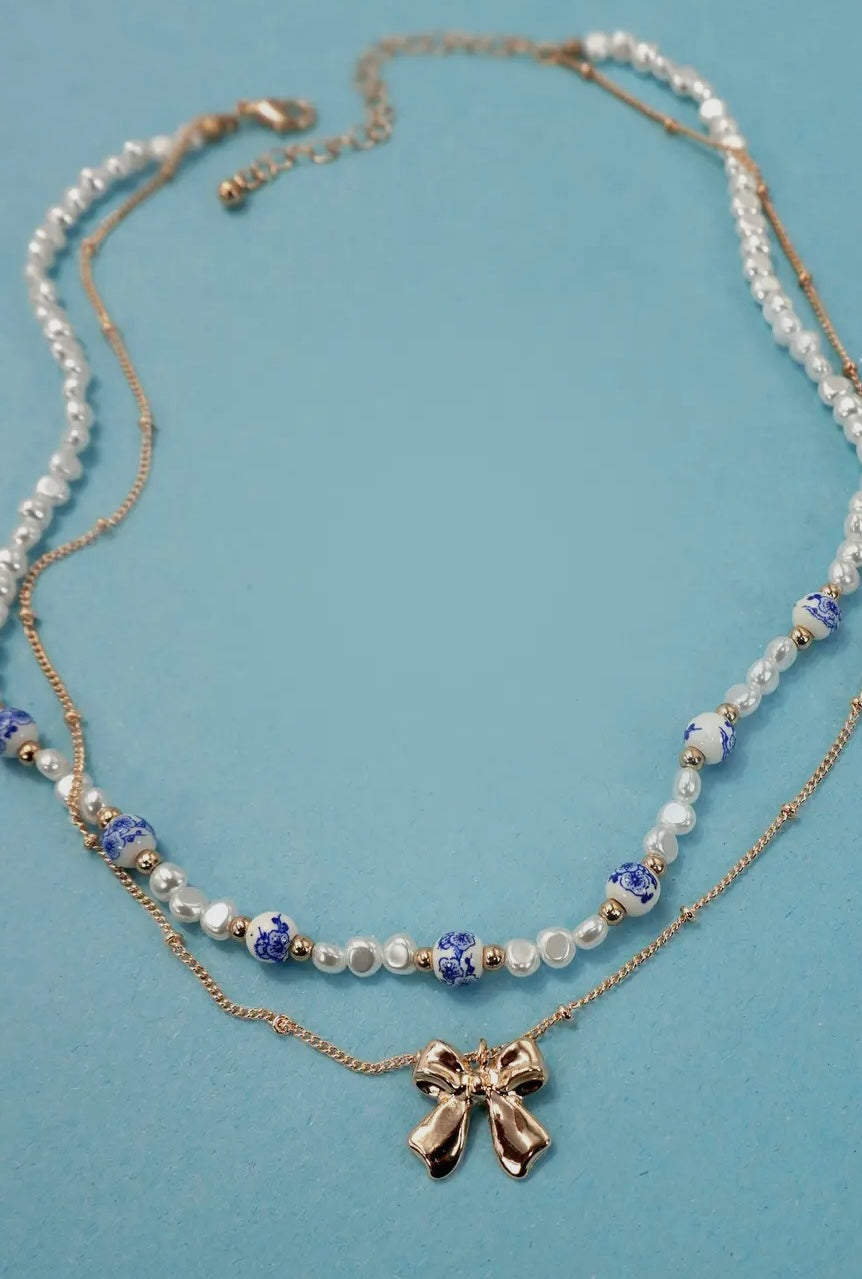 Ceramic Porcelain Pearl Bow Layer Necklace