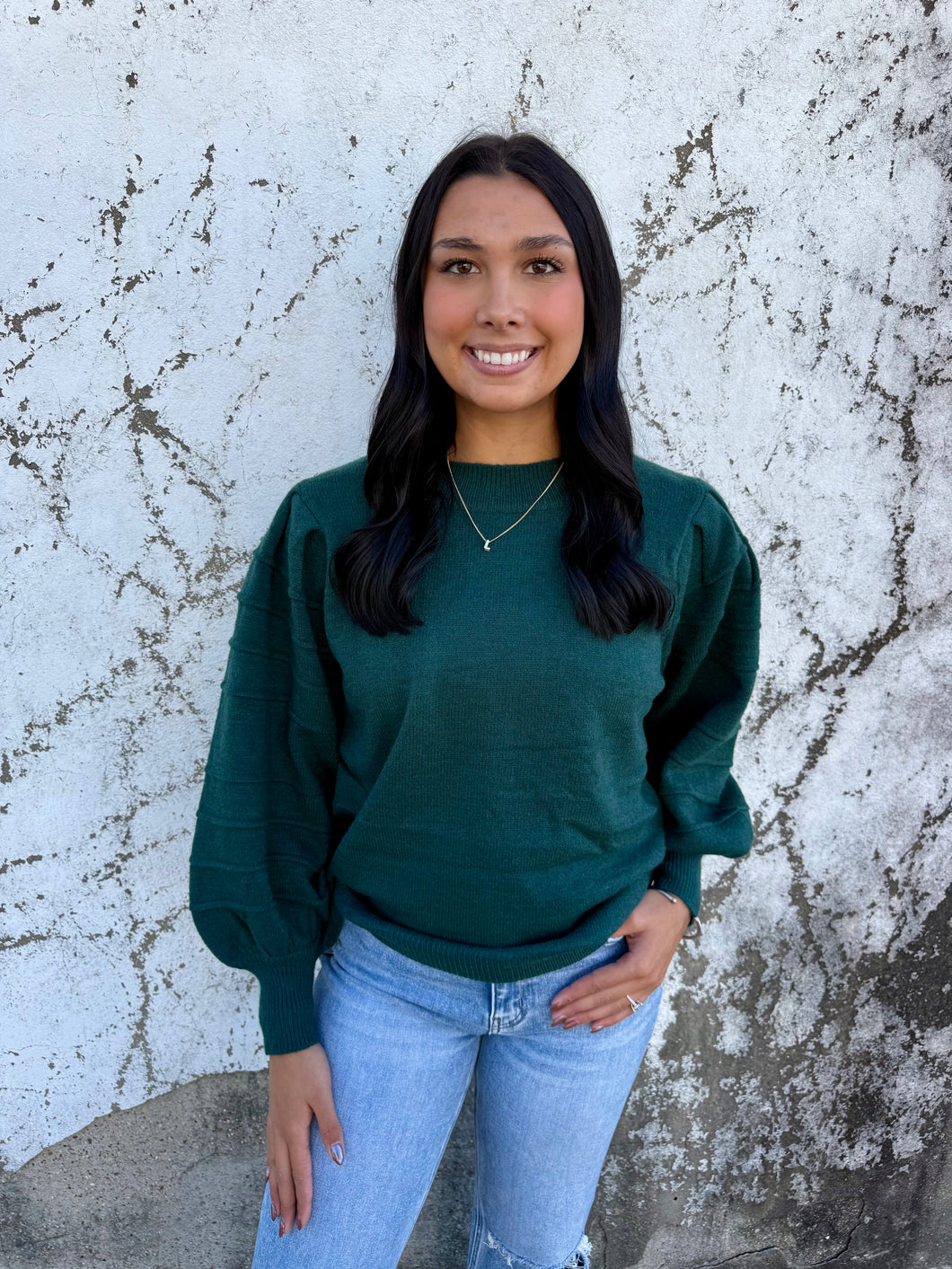 Hunter Green Textured Sleeve Sweater