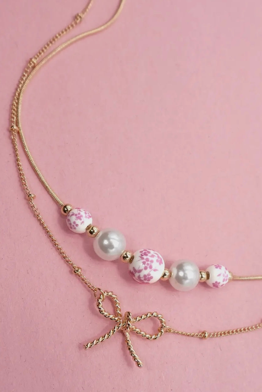 Pink Ceramic Porcelain Pearl Bow Layer Necklace