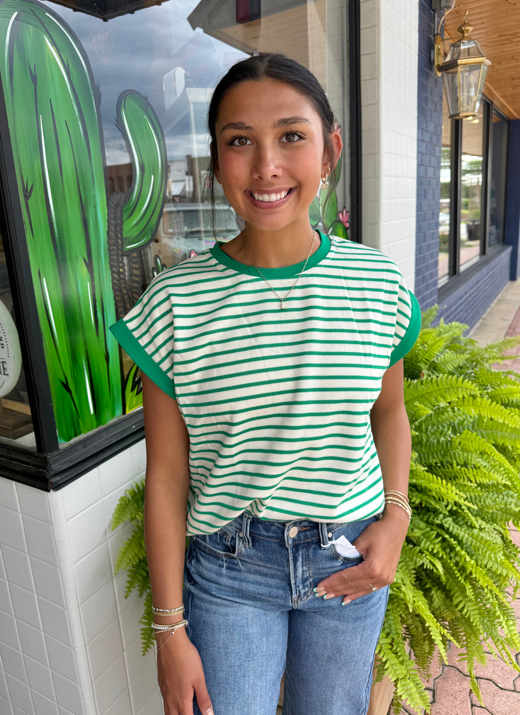 Green Stripe Basic Top