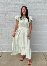 Load image into Gallery viewer, White &amp; Green Stripe V- Neck Dress Reg &amp; Plus

