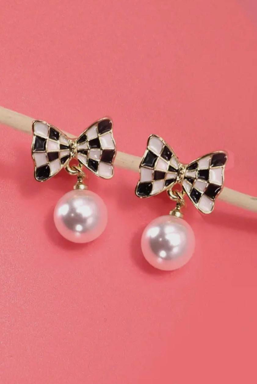 Checker Bow Pearl Drop Earrings