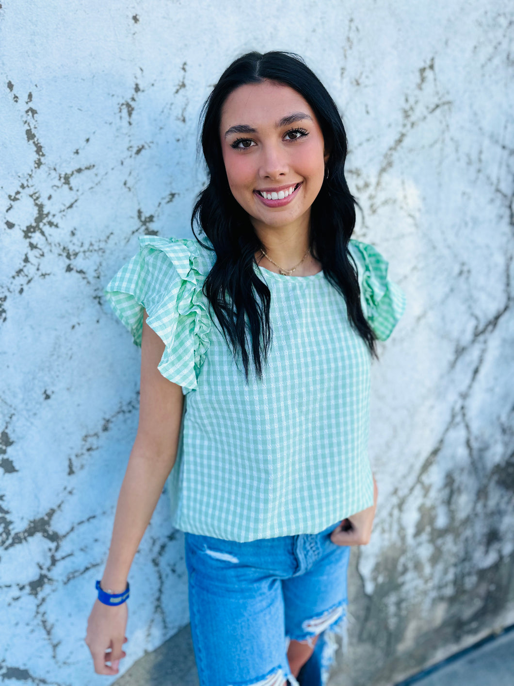 Gena Green Ruffle Top