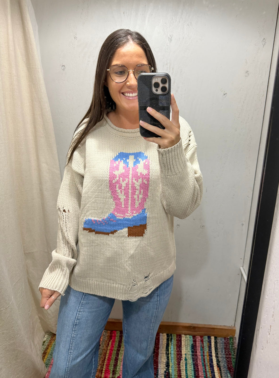 Graphic Boot Distressed Sweater