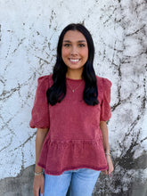 Load image into Gallery viewer, Wine Denim Ruffle Button Back Top
