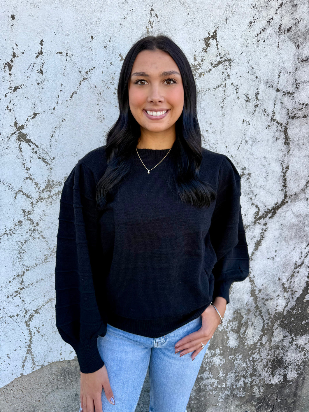 Black Textured Sleeve Sweater