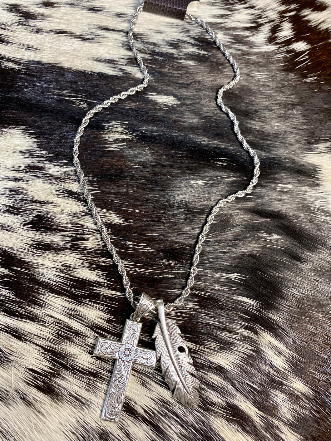 Tooled Cross Feather Necklace
