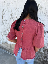 Load image into Gallery viewer, Wine Denim Ruffle Button Back Top
