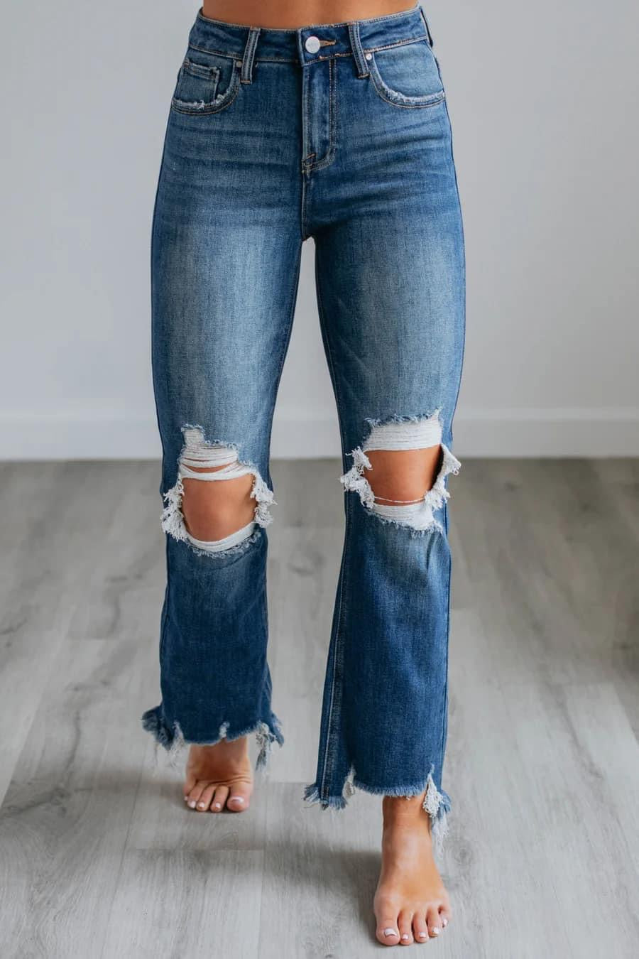 RISEN | High Rise Distressed Denim Dark