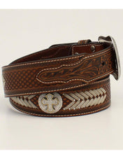 Load image into Gallery viewer, Tooled Leather Belt With Metal Cross
