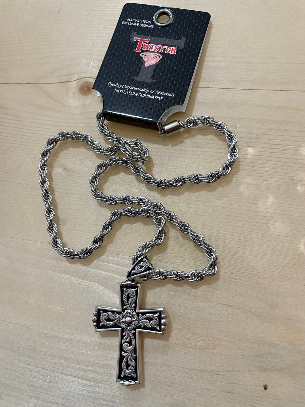 Tooled Cross Twisted Chain Necklace